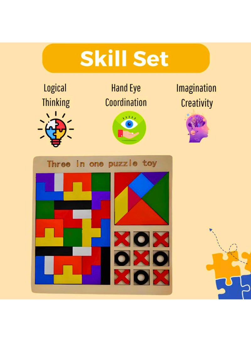 3-in-1 Puzzle Game for Kids - Educational Colorful Square Tangram, Chess,  Tic-Tac-Toe - Multicolor Wooden Building Blocks, Brain Teasers for Boys  Girls, XOXO Board Game Toy - Image 4